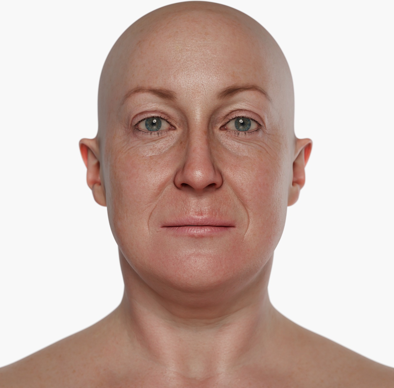 High-resolution head scan render of a fuller-figured female 3D model with detailed skin and facial features